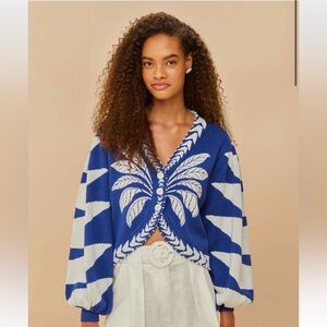 FARM Rio Blue Palms Graphic Knit Cardigan- NWOT in size small